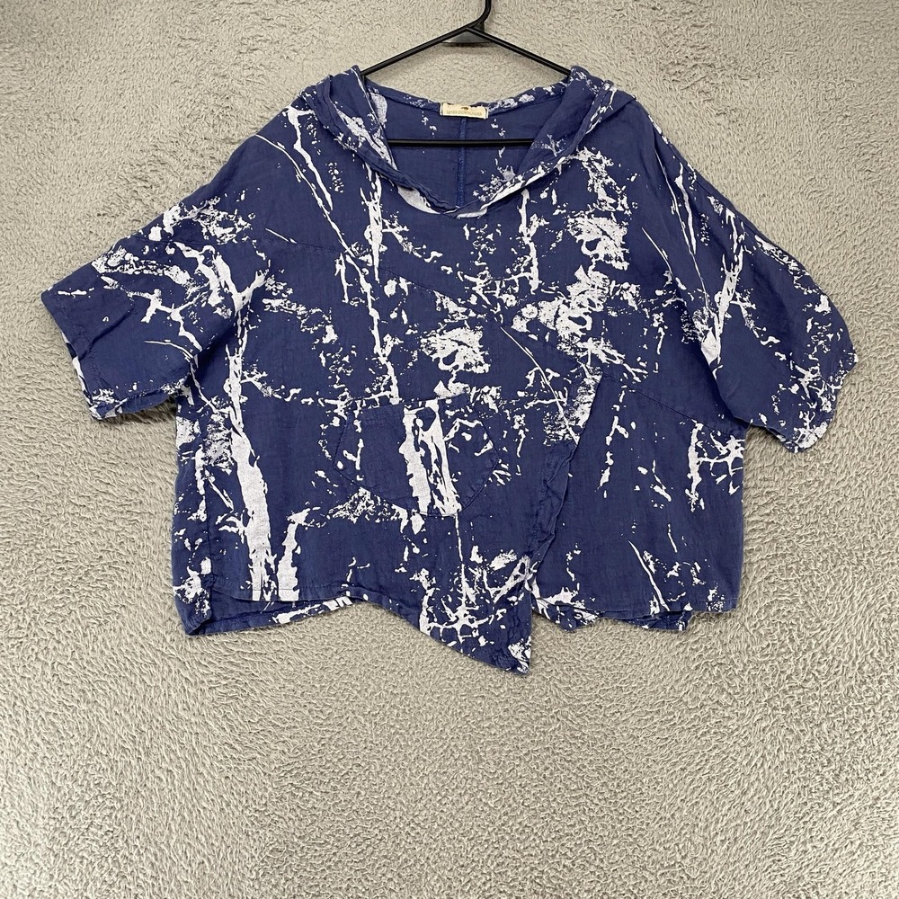 Lands Downunder Linen Top Womens XL Blue Hooded Asymmetrical Hem Italy Artsy